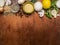 Vegetarian food pounded walnuts, lemon, mushrooms, vegetables, raisins wooden rustic background top view close up border ,place