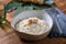 Vegetarian food risotto with  figs wooden table background