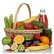 Vegetarian fruits, vegetables and drinks in a shopping basket