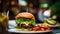 Vegetarian hamburger with avocado and arugula salad.