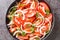 Vegetarian healthy tomato salad with onion and cilantro seasoned with olive oil close-up in a plate. Horizontal top view