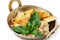 Vegetarian indian restaurant dish, oatmeal porridge and omelette isolated