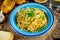 Vegetarian Italian Pasta Spaghetti Aglio E Olio with garlic bread, red chili flake, parsley, parmesan cheese and glas of