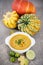 Vegetarian Jamaican pumpkin soup with lime and nutmeg.