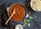 Vegetarian lentil bolognese sauce in a frying pan