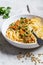 Vegetarian lentils bolognese pasta with parsley in white dish. Healthy vegan food concept