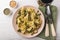 Vegetarian pappardelle pasta with green bean, pesto, pine nuts