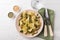 Vegetarian pappardelle pasta with green bean, pesto, pine nuts