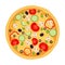 Vegetarian pizza, margherita with tomato, pepper, cucumber, mushroom, olive, basil