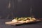 Vegetarian pizza with vegetables on roman dough, pinsa. on a dark wooden background. rustic