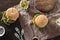 Vegetarian pumpkin burger pesto wooden table top view Healthy food