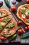 Vegetarian rustic pizzas. Freshly baked pizzas with aubergines,