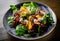 Vegetarian salad with beets, spinach, orange, tofu in plate on wooden table