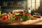 Vegetarian sandwich with slices tomatoes, avocado, lettuce, onions on the kitchen table illuminated by morning light from the