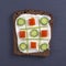 Vegetarian sandwiches with cream cheese, cucumbers, red tomato and parsley, healthy snack on black slate background, top view. Tic