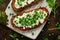 Vegetarian seeded sourdough bread open sandwich with cottage cheese and petit poit peas sprinkled with chilli flakes