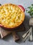 Vegetarian shepherd`s pie. Potatoes, lentils and seasonal garden vegetables casserole.