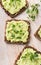 Vegetarian snacks with avocado and microgreen on white rustic wood board close up