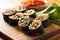 vegetarian sushi rolls on a bamboo mat