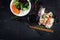 Vegetarian vietnamese spring rolls with spicy shrimps, prawns, carrot, cucumberVegetarian vietnamese spring rolls with spicy shri