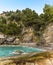 Vegetation on the cliffs at Gavitella Beach in Praiano. Italy on the Amalfi coast