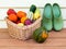 Veggie basket and garden clogs