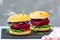 Veggie beet and lentil burgers with vegetables.