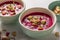 Veggie borsch soup with croutons and cream