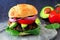 Veggie burger with avocado and spinach on a dark background