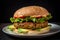 Veggie burger, with a homemade patty made of chickpeas, lentils, and vegetables with avocado, lettuce, tomato, and