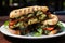 Veggie Delight: A vegetarian panini delight, showcasing grilled zucchini, roasted bell peppers, caramelized onions, melted fontina