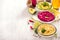 Veggie hummus, different dips, vegan snack, beetroot and avocado hummus, vegetarian eating, copy space