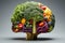 Veggie intellect Human brain composed of vegetables and fruits, 3D