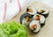 Veggie Sushi Rolls or Vegetable Maki on Wood Tray
