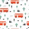 Vehicle background Buses and trees and houses Seamless pattern.