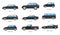 Vehicle body types, car carcass shape and model names isolated icons