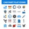 Vehicle and car parts flat icons.
