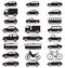 Vehicle collection with various jeep, car, bus, bicycle, lorry silhouette icons