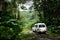 Vehicle on a dirt road through the jungle in Raiatea, Tahiti