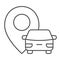 Vehicle location thin line icon, Navigation concept, car with pin pointer sign on white background, Rent car symbol in