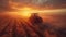 A vehicle plows through a field at sunset under a colorful sky