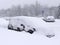 Vehicles covered with snow in the winter blizzard in the parking