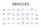 Vehicles line icons collection. Cars, Automobiles, Transportation, Modes, Conveyance, Ride-hailing, Ride-sharing vector