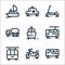 Vehicles line icons. linear set. quality vector line set such as bus, motorcycle, cable car, electric bus, ship, oil truck,