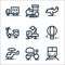 vehicles line icons. linear set. quality vector line set such as train, ricksaw, helicopter, air balloon, backhoe, motorbike,
