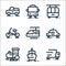 vehicles line icons. linear set. quality vector line set such as truck, ship, train, taxi, electric train, bicycle, cable car, bus