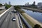 vehicles and Tiete river on the marginal Tiete freeway in Sao Paulo, Brazil
