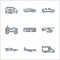 vehicles transportation line icons. linear set. quality vector line set such as crane, plane, racing car, helicopter, electric bus