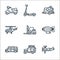 Vehicles transports line icons. linear set. quality vector line set such as airplane, car, car, zeppelin, forklift, helicopter,