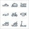 vehicles transports line icons. linear set. quality vector line set such as kick scooter, ship, pickup truck, zeppelin, bicycle,